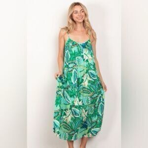 Very J Green & Blue Tropical Tiered Maxi Dress – Size L